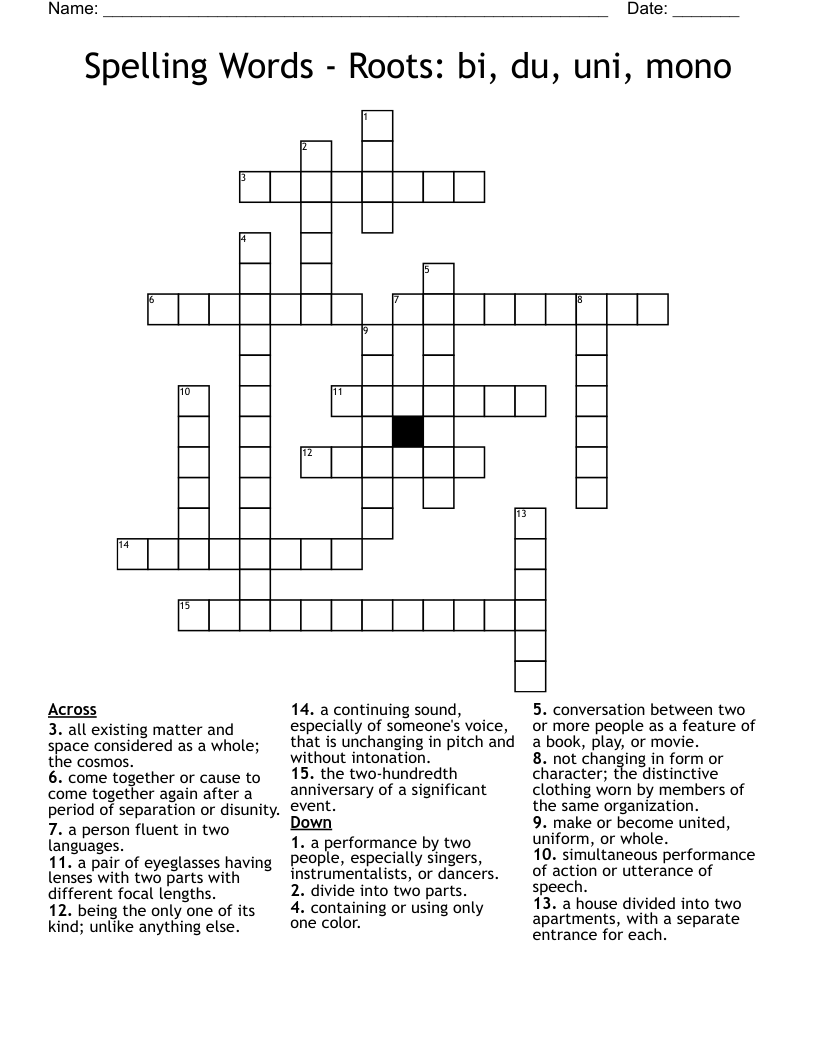 Spelling Words - Roots: bi, du, uni, mono Crossword