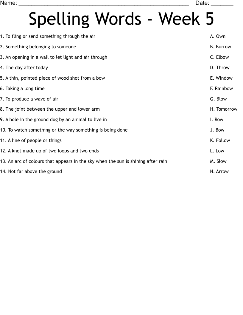 Spelling Words - Week 5 Worksheet