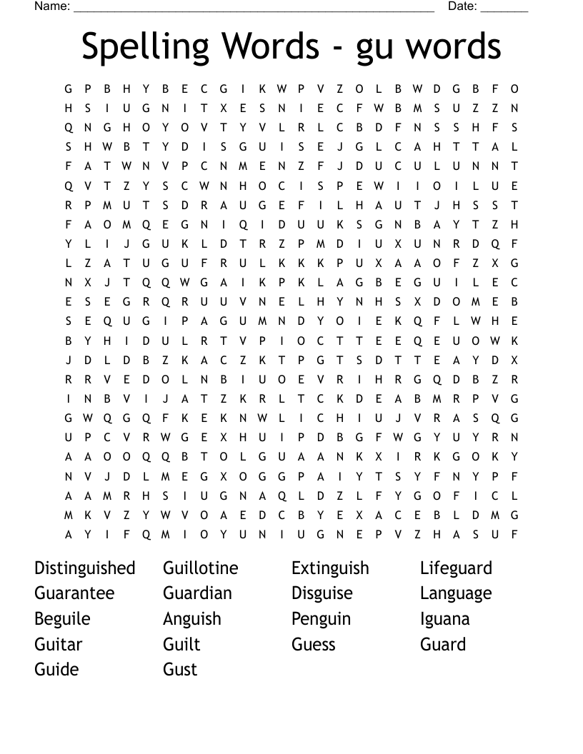 Spelling Words - gu words Word Search