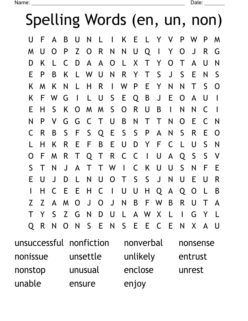 Spelling Words (en, un, non) Word Search