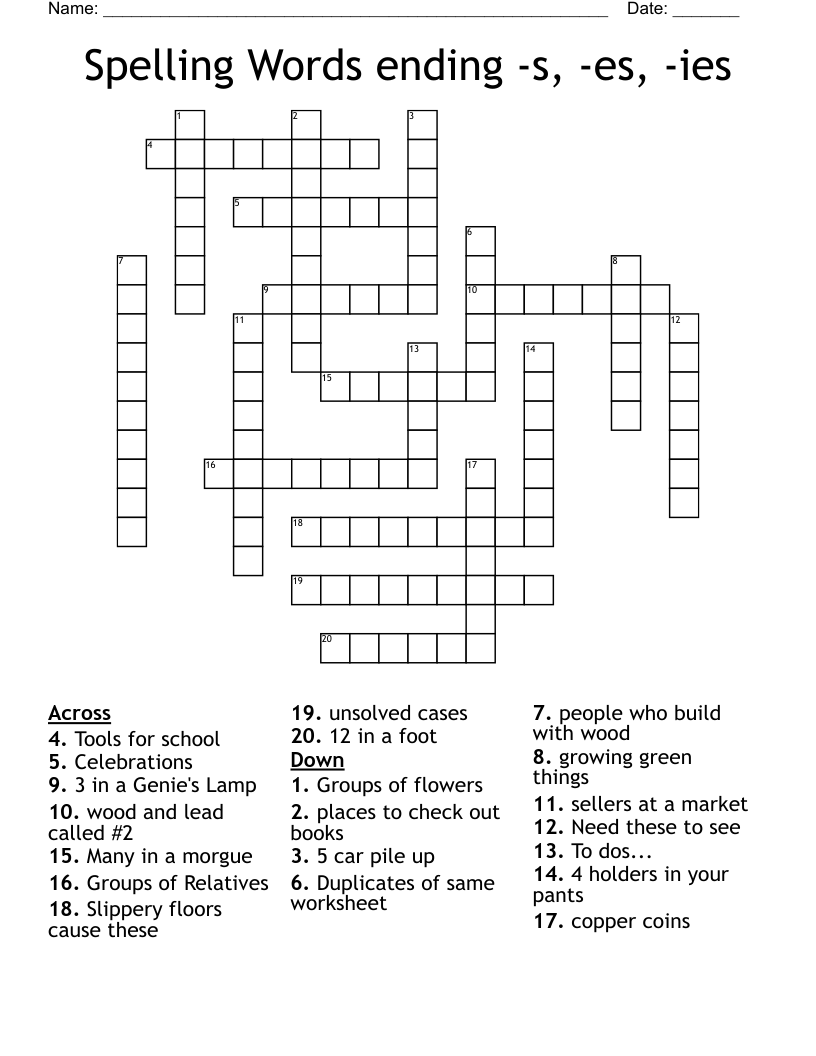 Spelling Words ending -s, -es, -ies Crossword