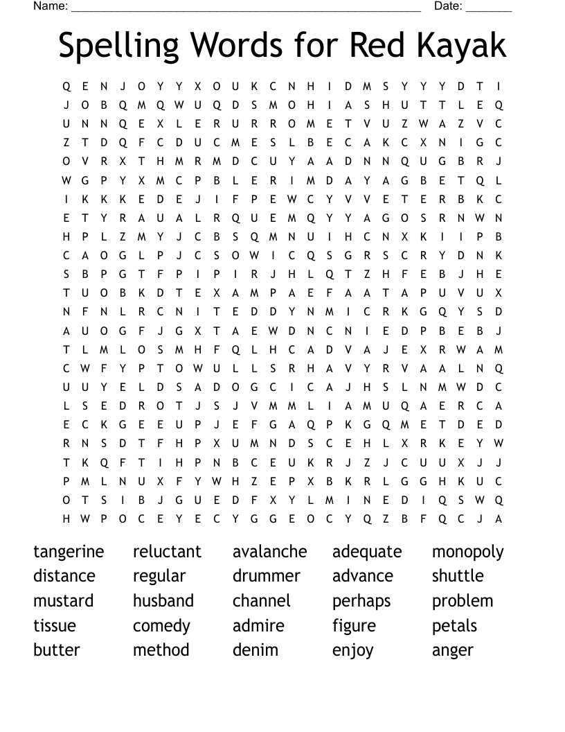 Spelling Words for Red Kayak Word Search