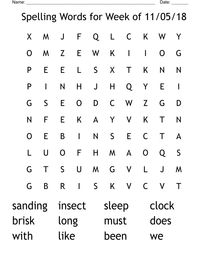 Spelling Words for Week of 11/05/18 Word Search