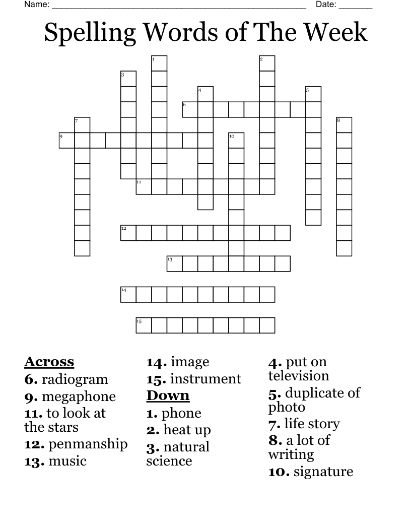 Spelling Words of The Week Crossword