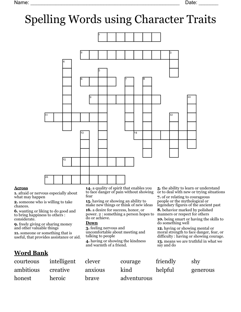 Spelling Words using Character Traits Crossword