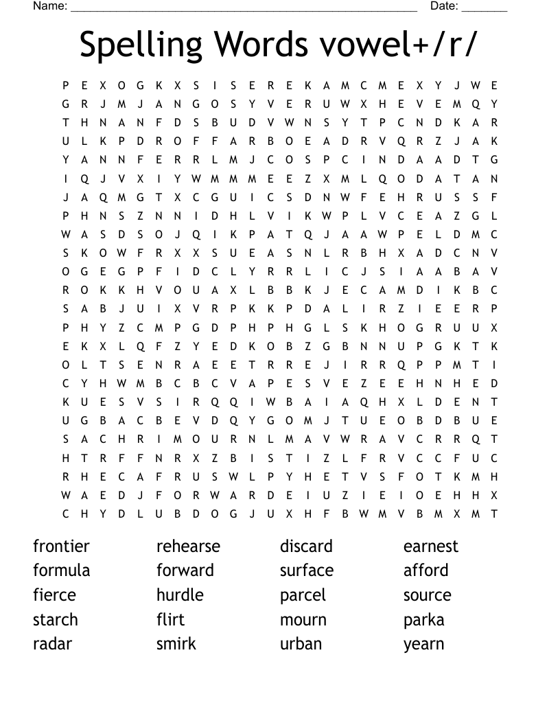 Spelling Words vowel+/r/ Word Search