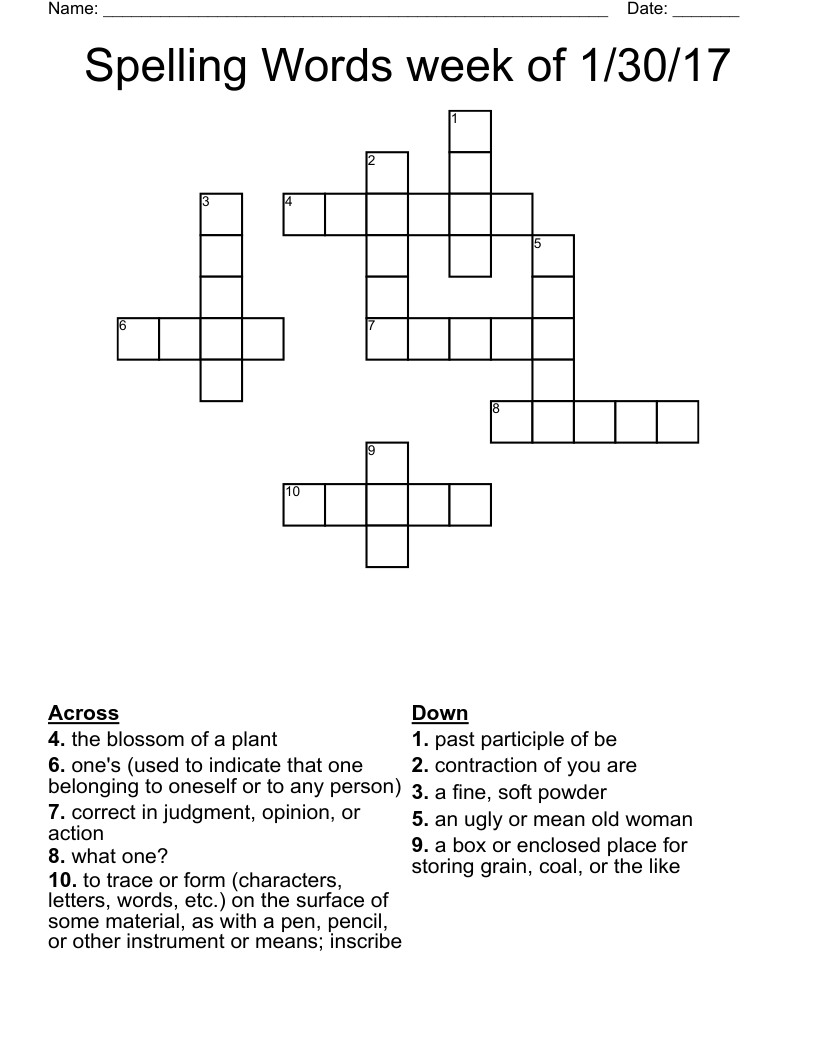 Spelling Words week of 1/30/17 Crossword