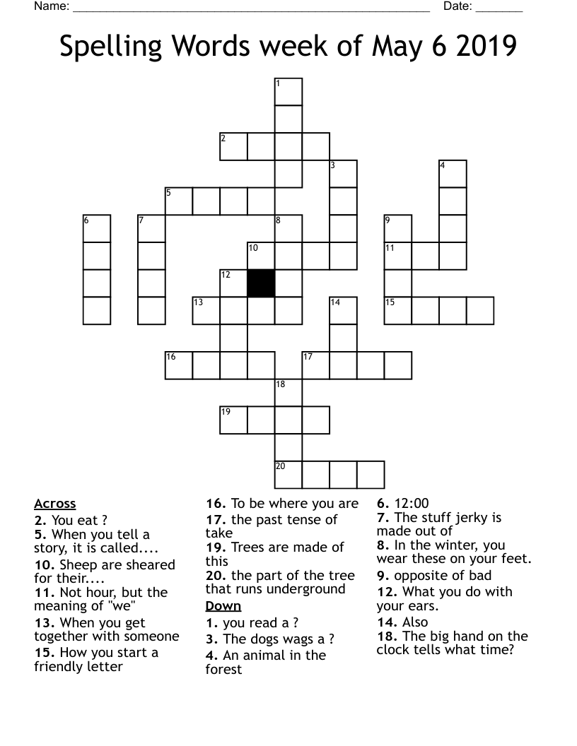 Spelling Words week of May 6 2019 Crossword