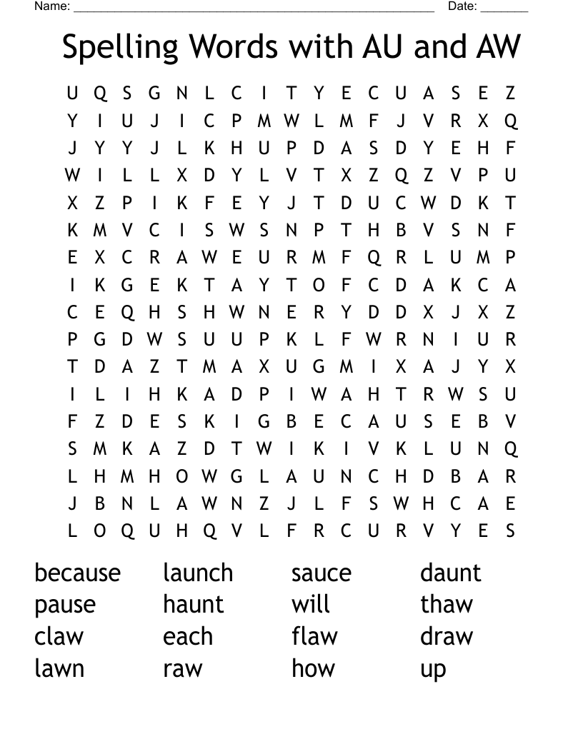 Spelling Words with AU and AW Word Search