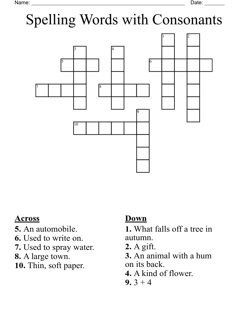 Spelling Words with Consonants Crossword