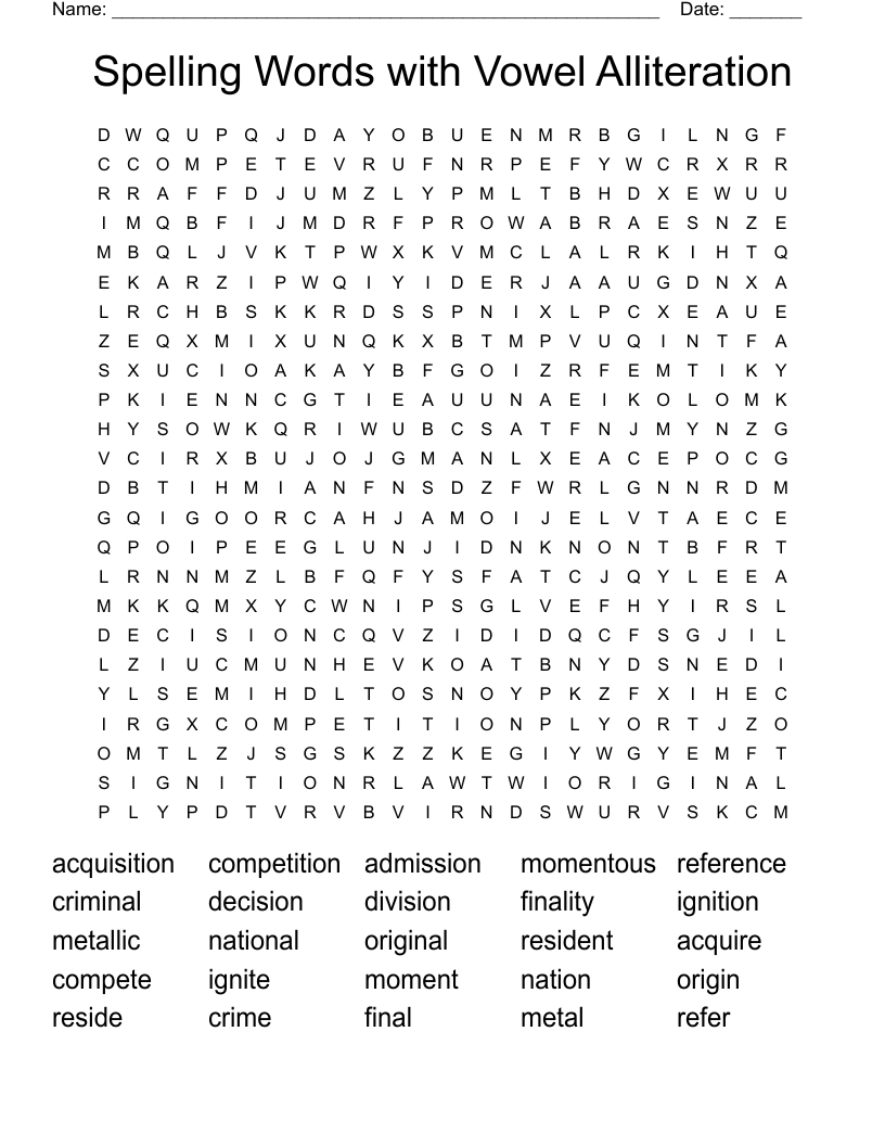 Spelling Words with Vowel Alliteration Word Search