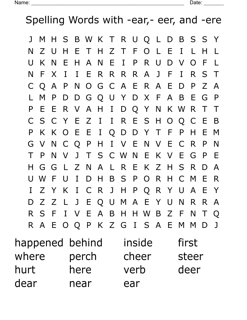 Spelling Words with -ear,- eer, and -ere Word Search