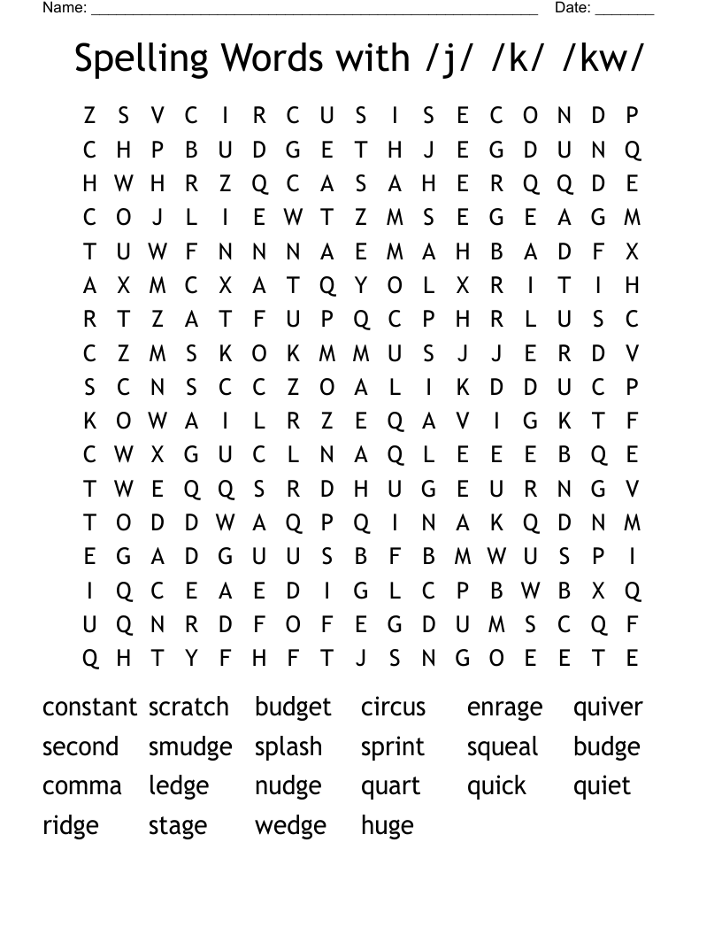 Spelling Words with /j/ /k/ /kw/ Word Search