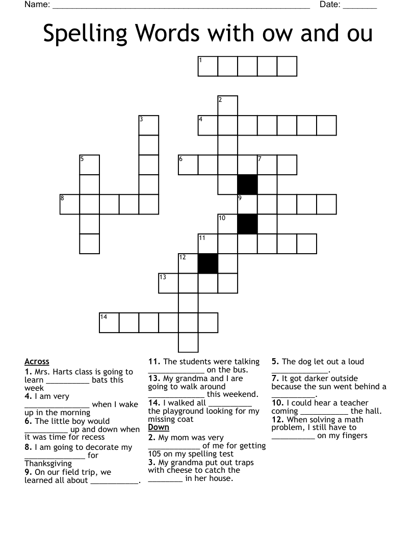 Spelling Words with ow and ou Crossword