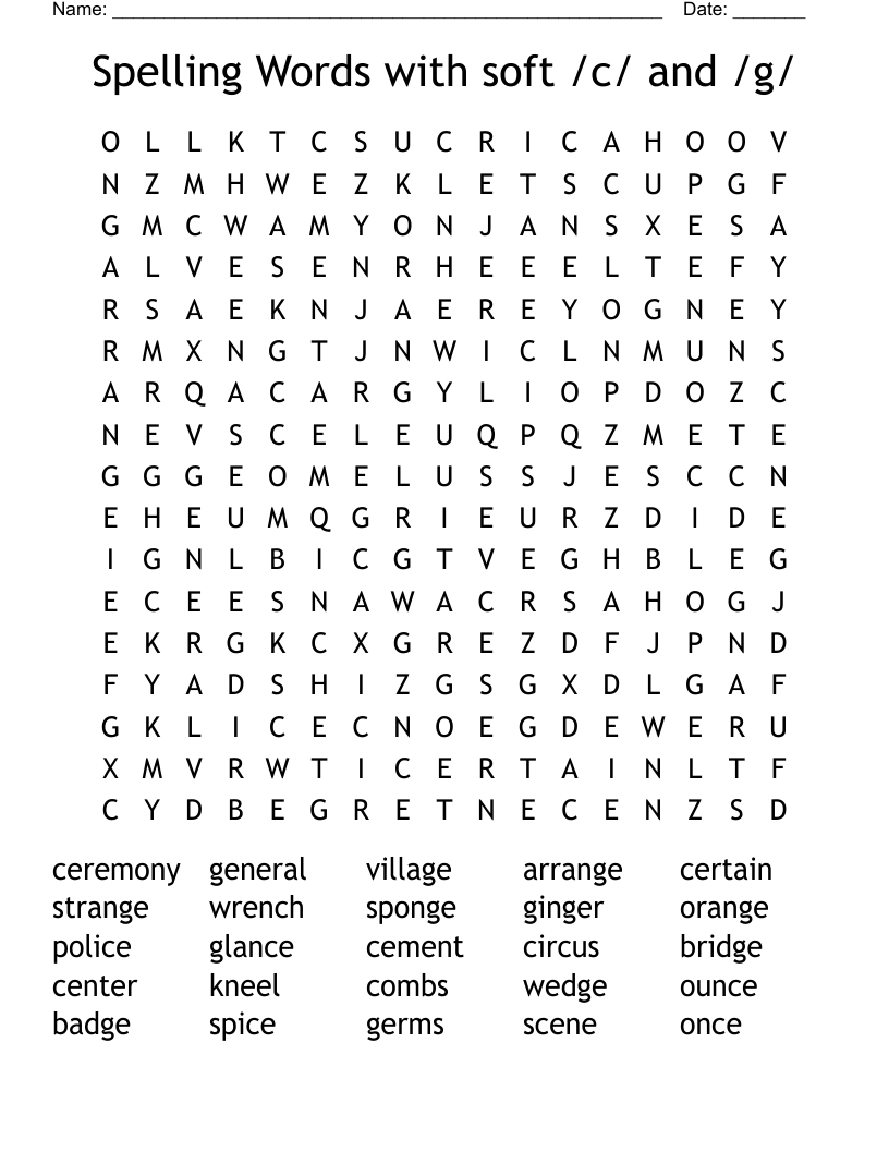 Spelling Words with soft /c/ and /g/ Word Search