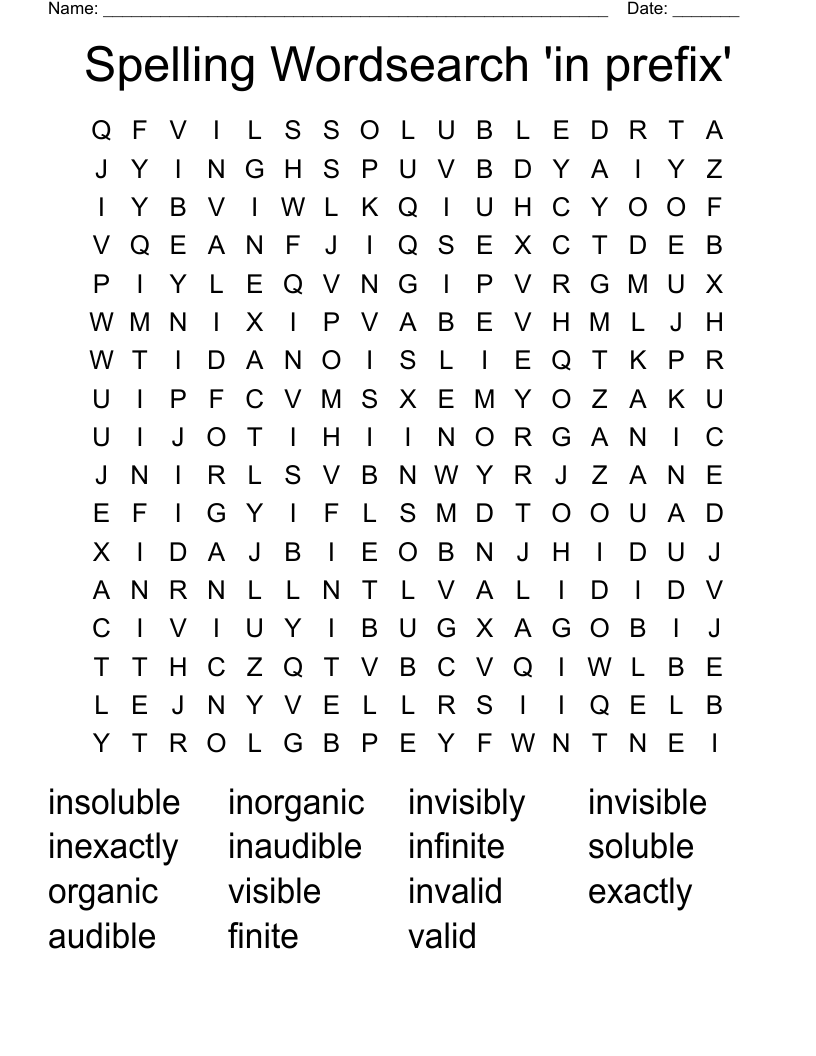 Spelling Wordsearch 'in prefix'