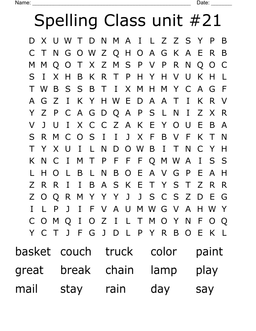 Spelling  Class unit #21 Word Search
