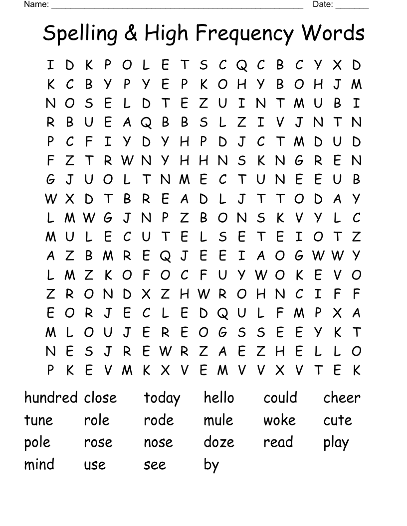 Spelling & High Frequency Words Word Search