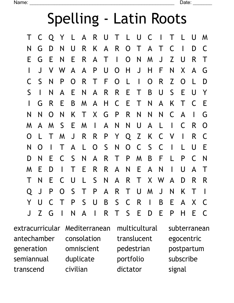 Spelling - Latin Roots  Word Search