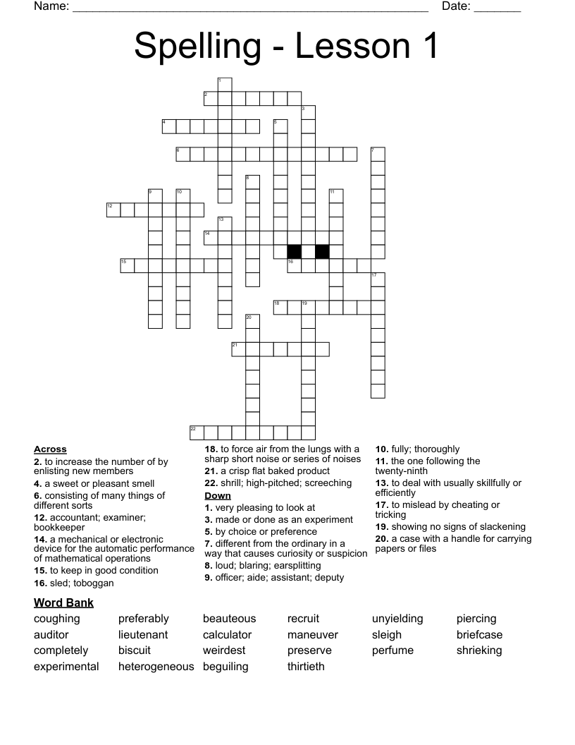 Spelling - Lesson 1 Crossword