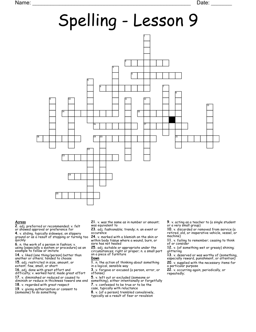 Spelling - Lesson 9 Crossword