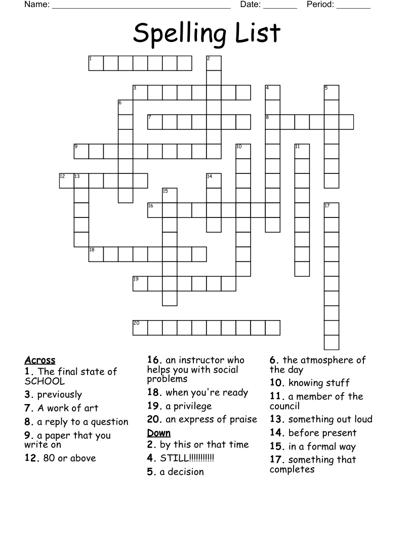 Spelling  List Crossword