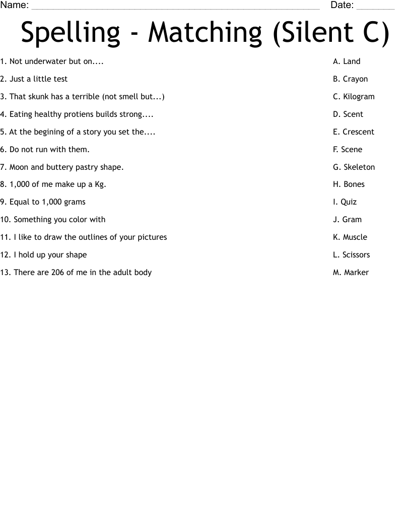 Spelling - Matching (Silent C) Worksheet