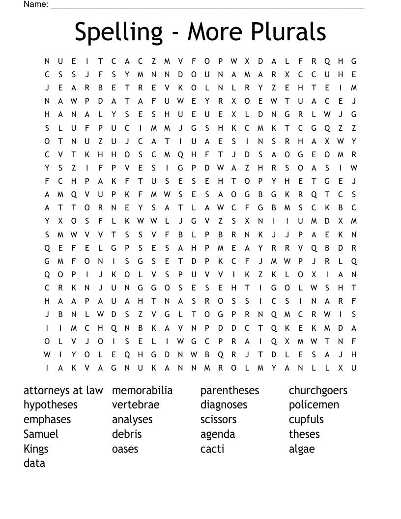 Spelling - More Plurals Word Search