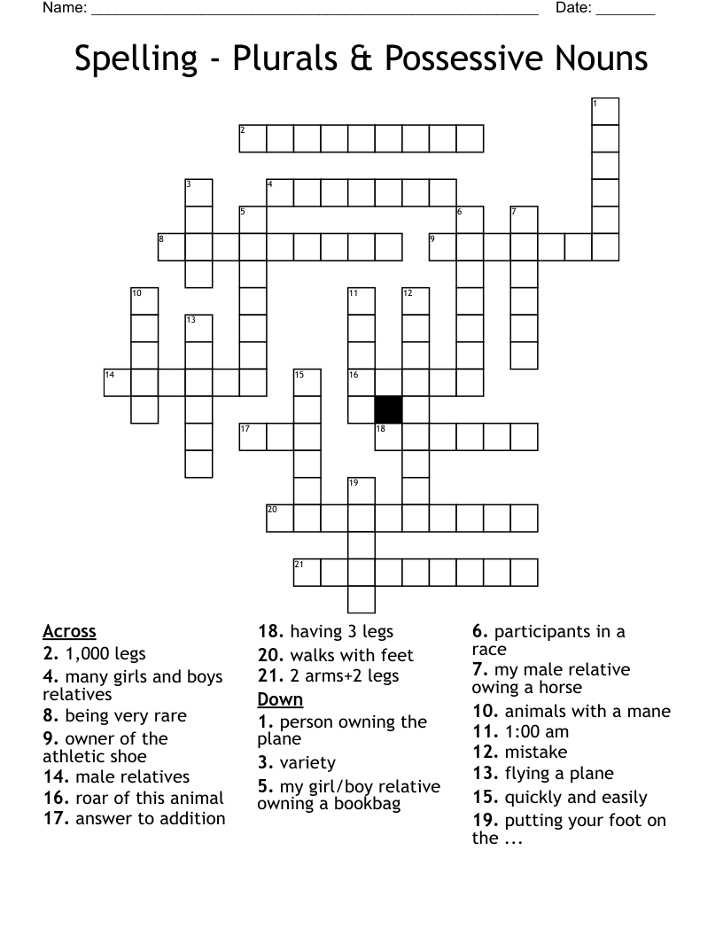 Spelling - Plurals & Possessive Nouns Crossword