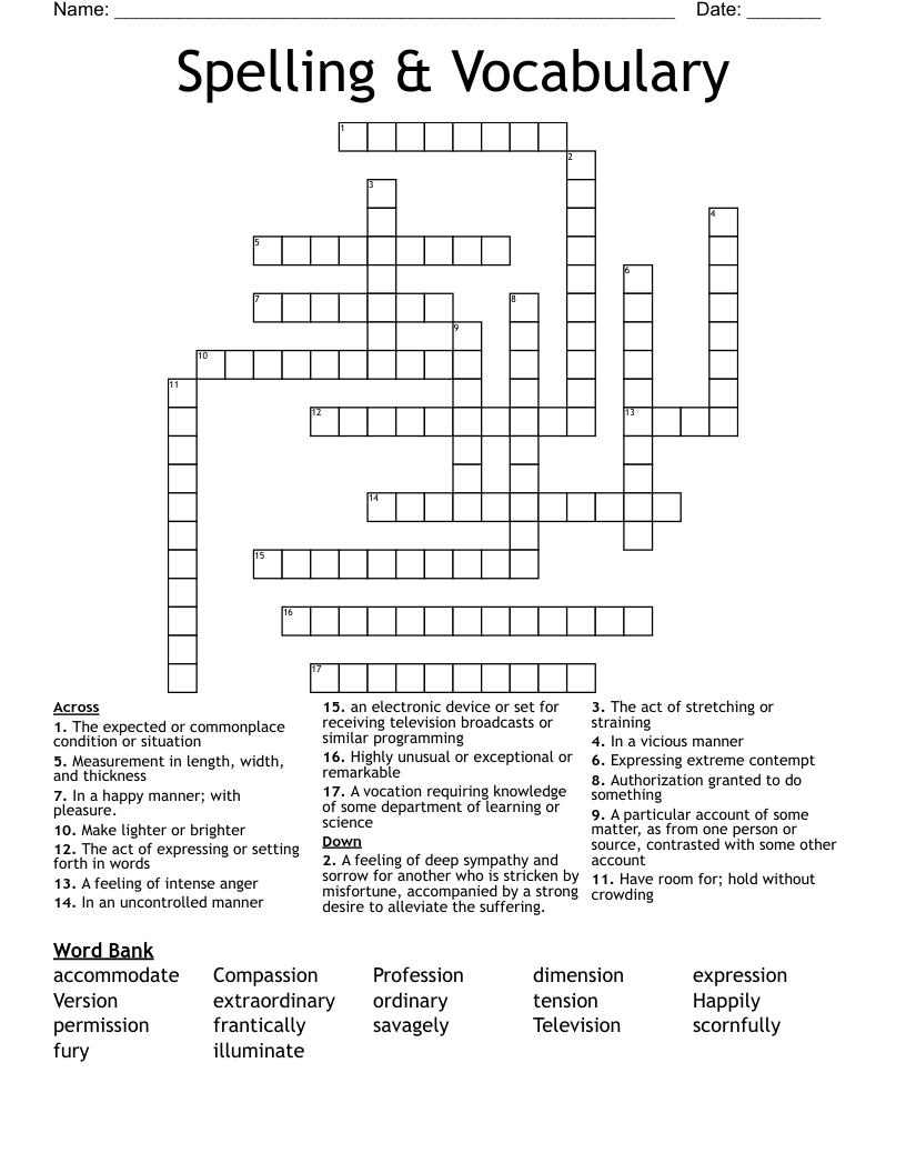 Spelling & Vocabulary Crossword