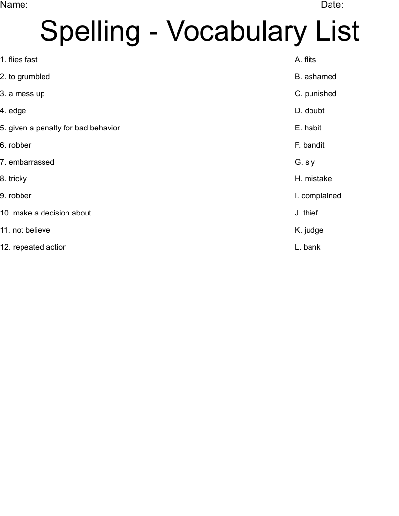Spelling - Vocabulary List Worksheet