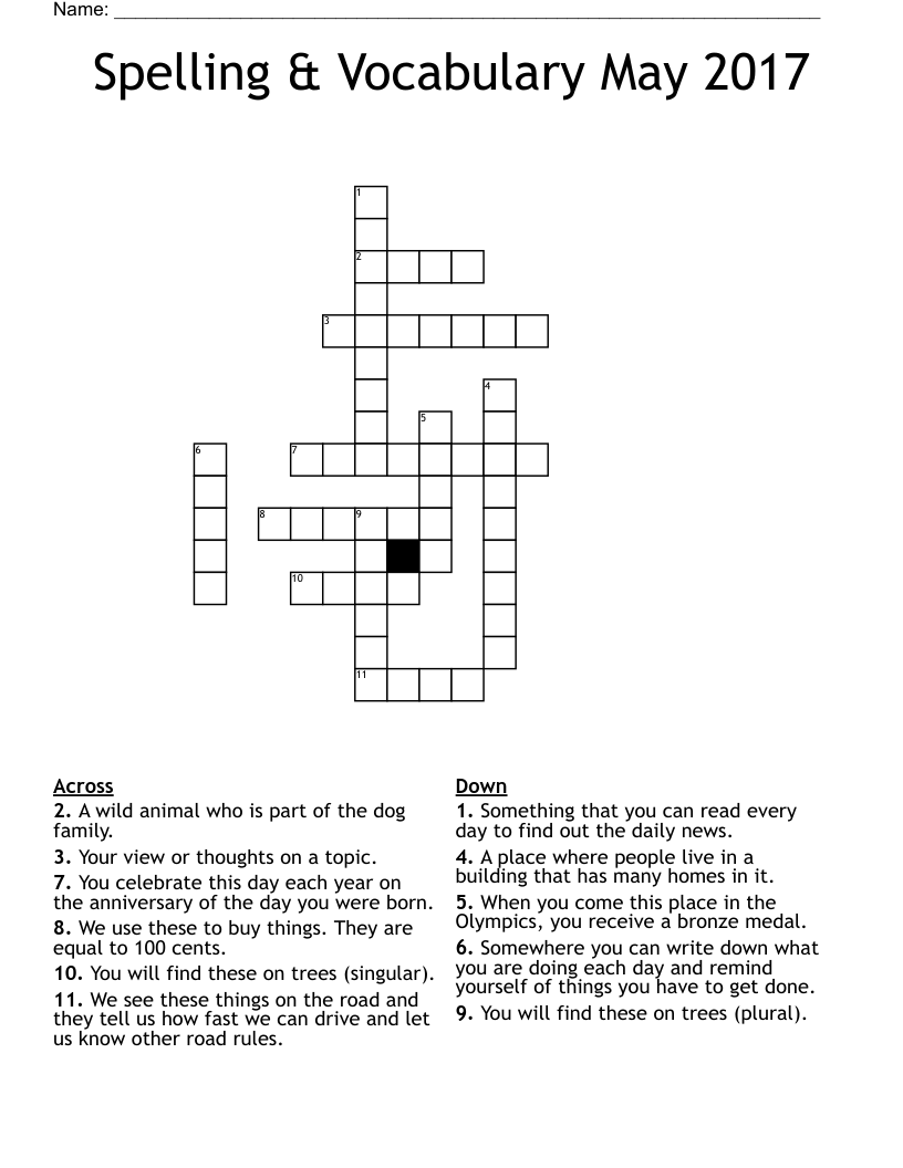 Spelling & Vocabulary May 2017 Crossword