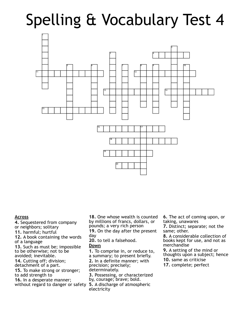 Spelling & Vocabulary Test 4 Crossword