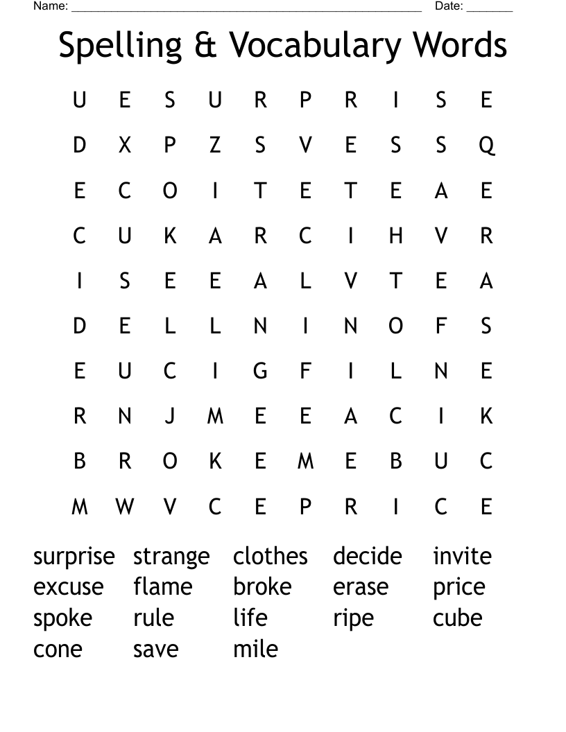 Spelling & Vocabulary Words Word Search