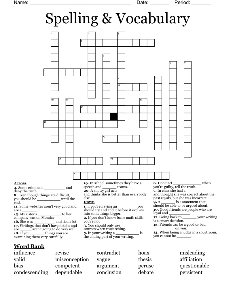 Spelling & Vocabulary  Crossword