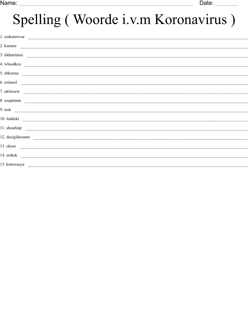 Spelling ( Woorde i.v.m Koronavirus ) Word Scramble