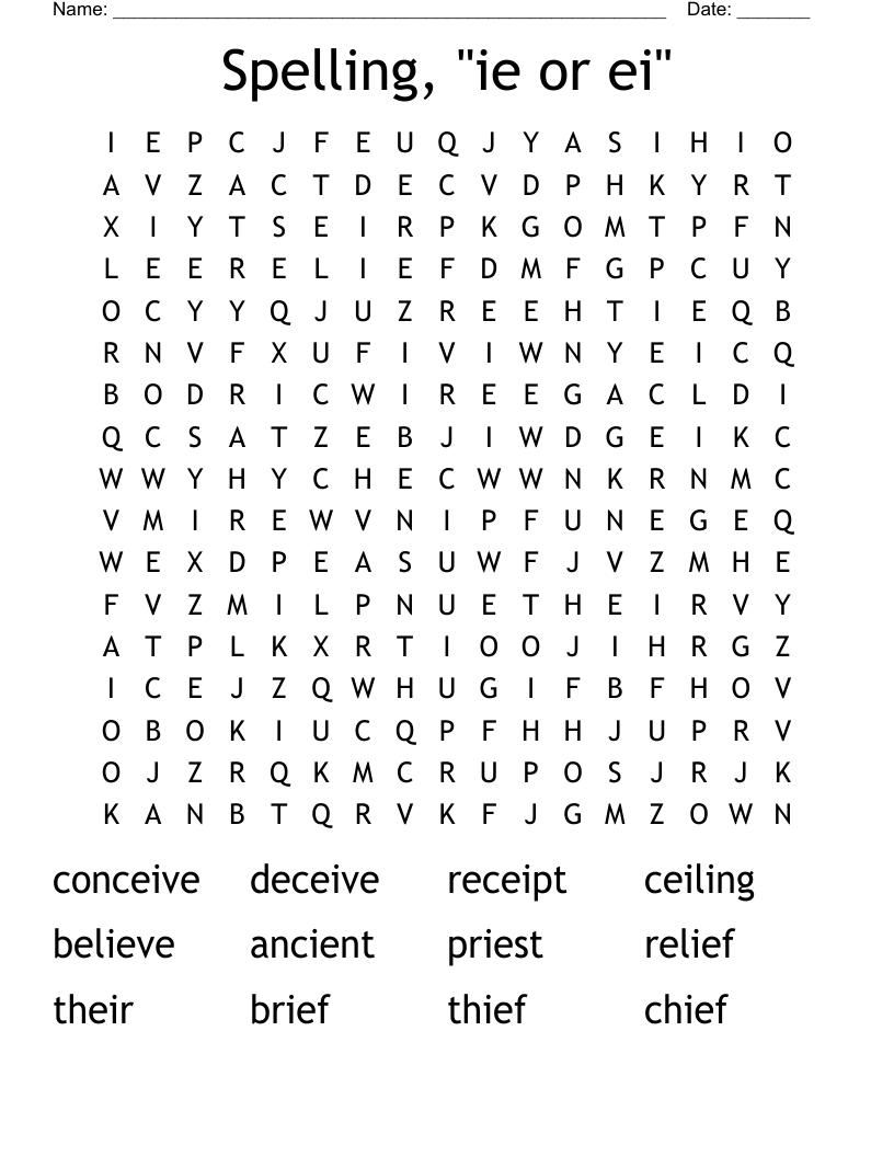Spelling,  "ie or ei" Word Search