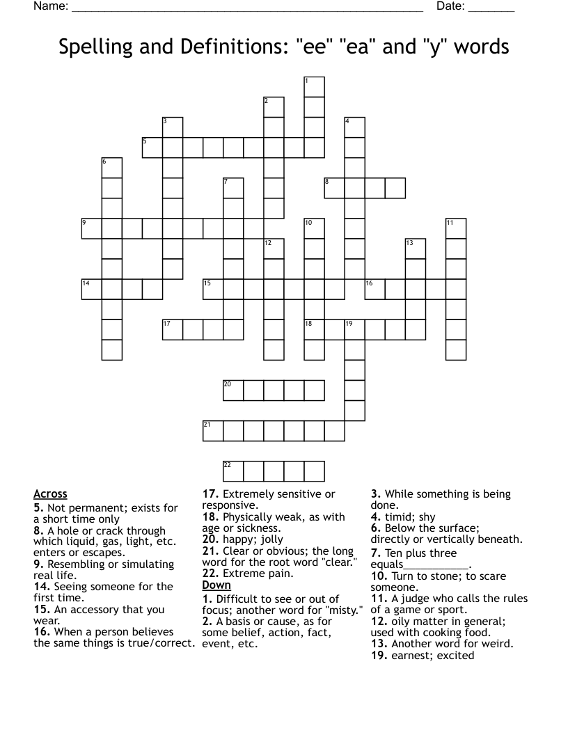 Spelling and Definitions: "ee" "ea" and "y" words Crossword