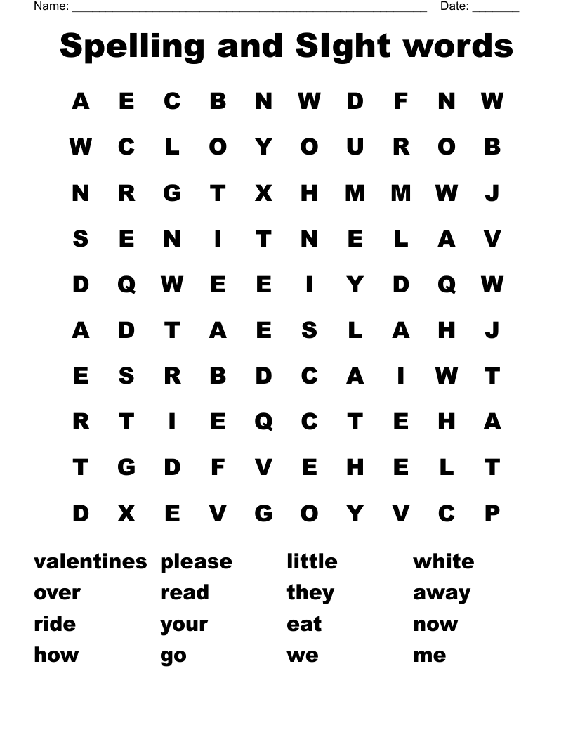 Spelling and SIght words Word Search