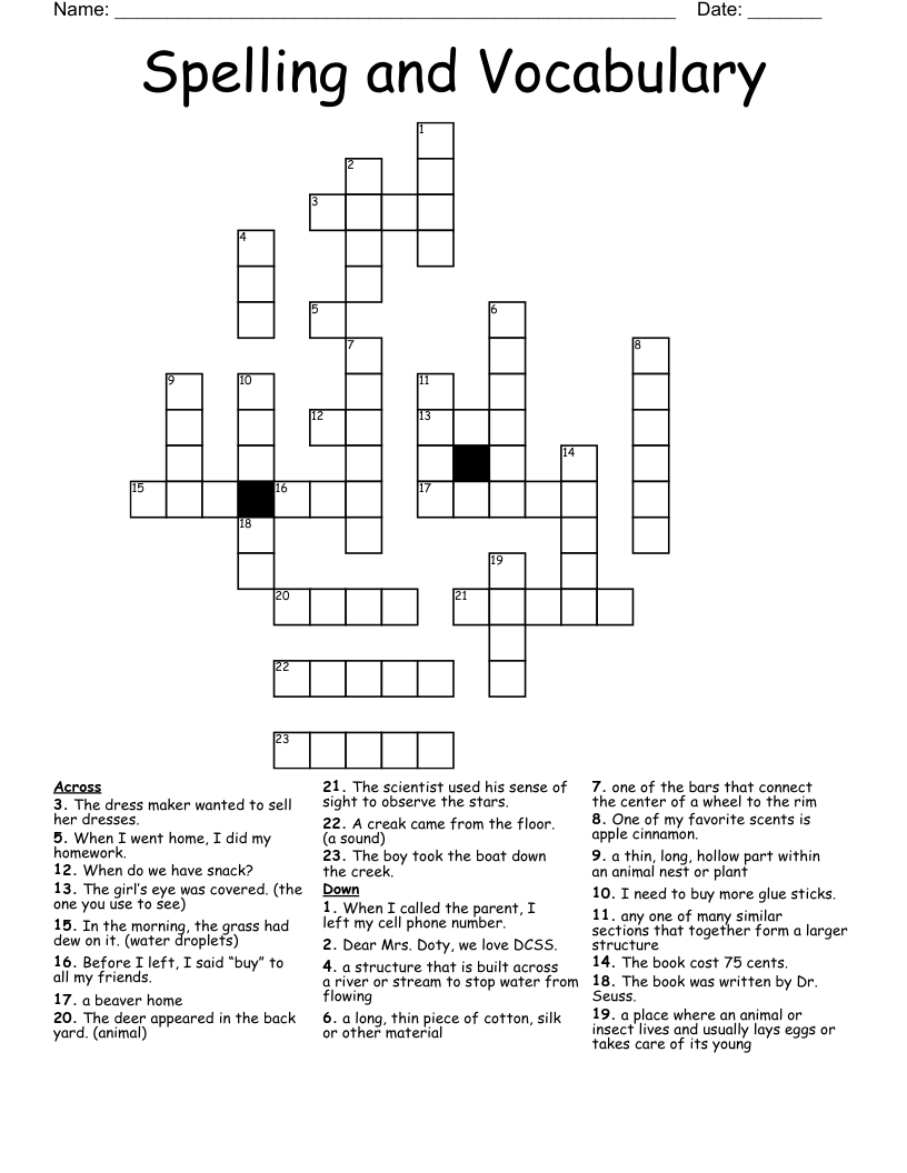 Spelling and Vocabulary Crossword