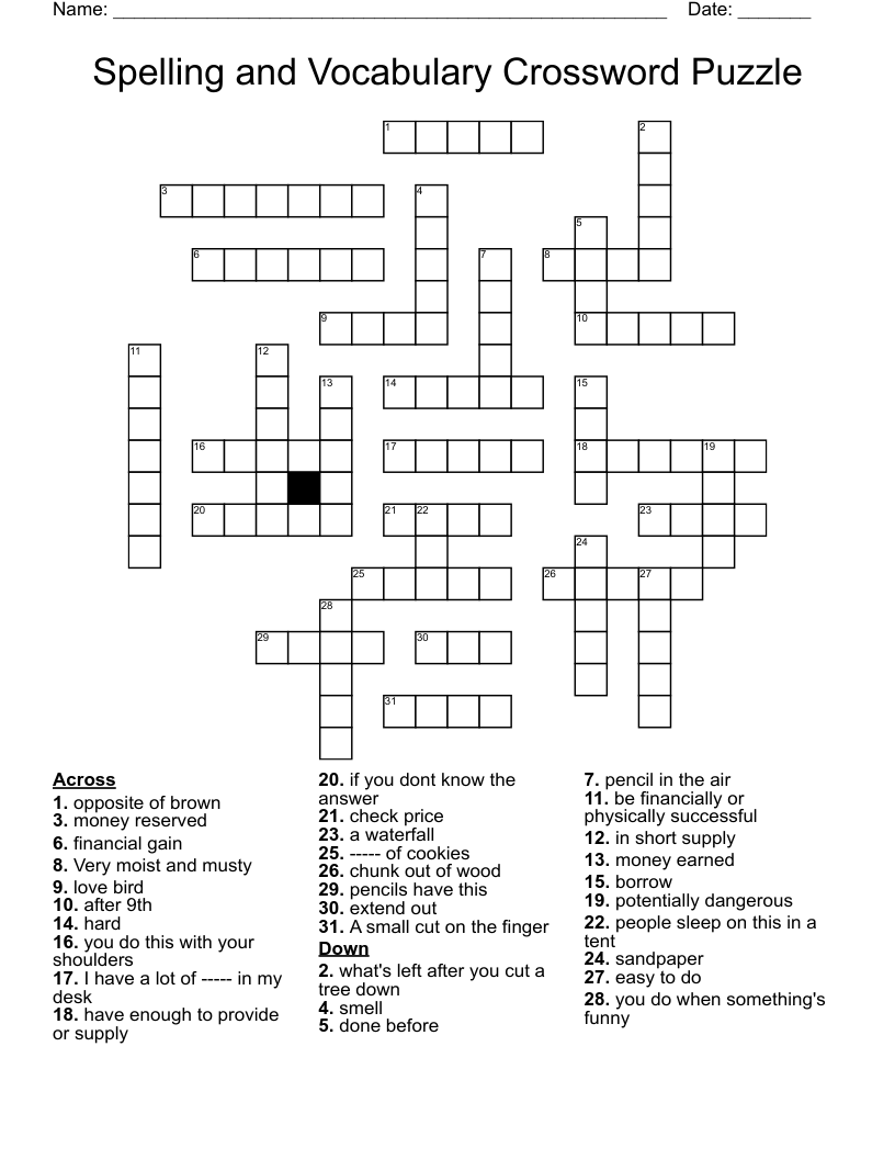 Spelling and Vocabulary Crossword Puzzle