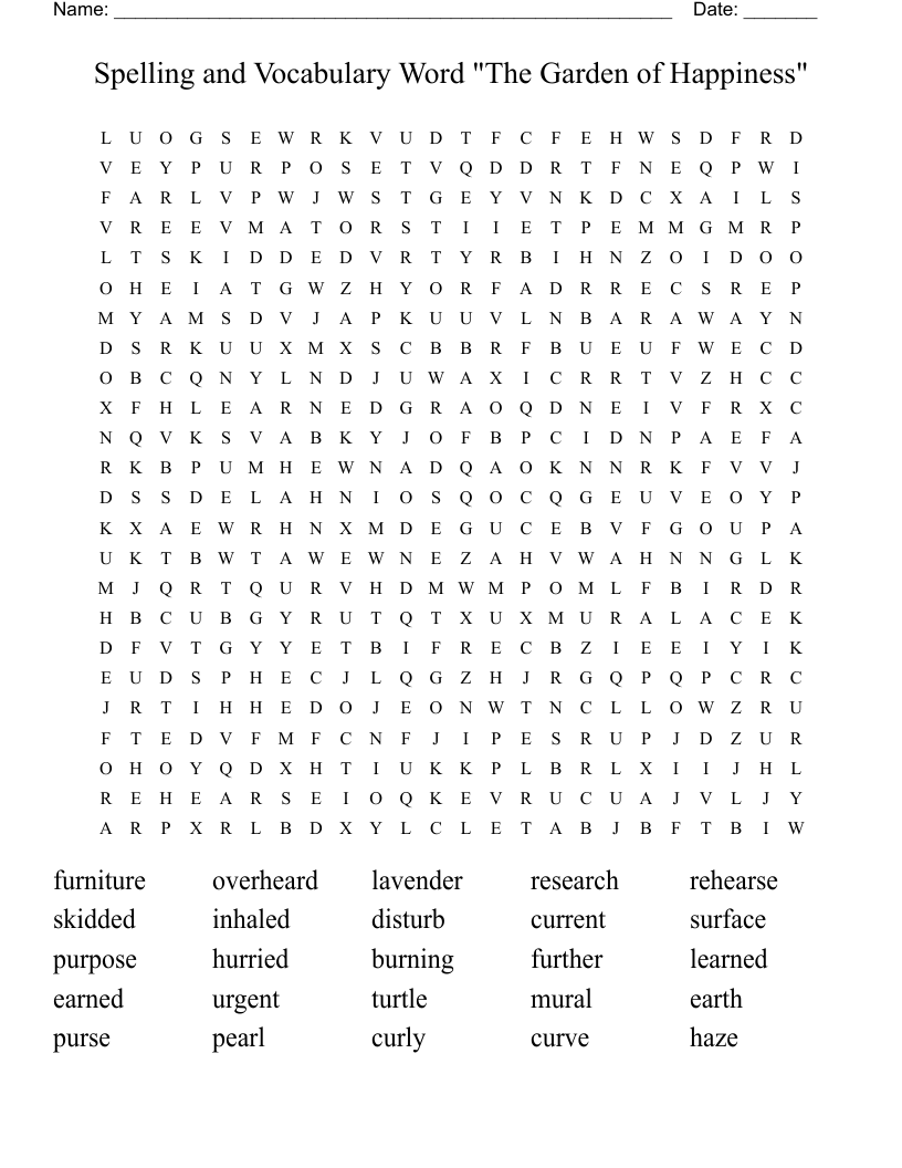 Spelling and Vocabulary Word "The Garden of Happiness" Word Search