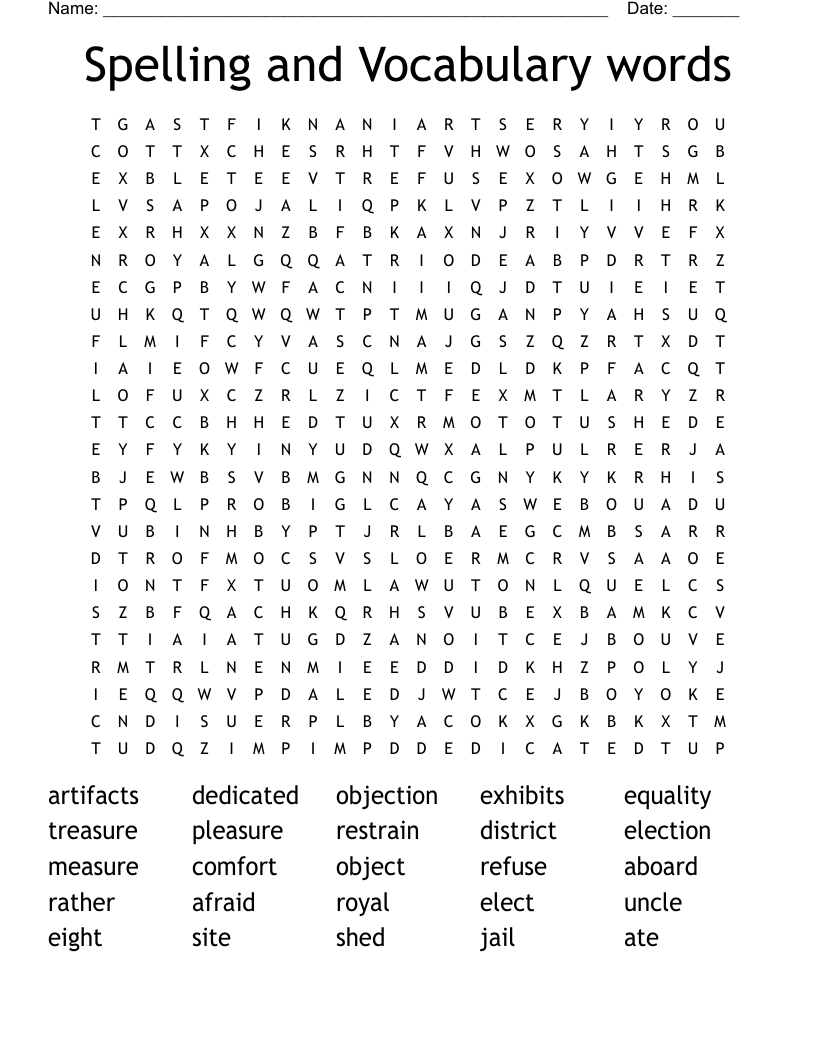 Spelling and Vocabulary words Word Search