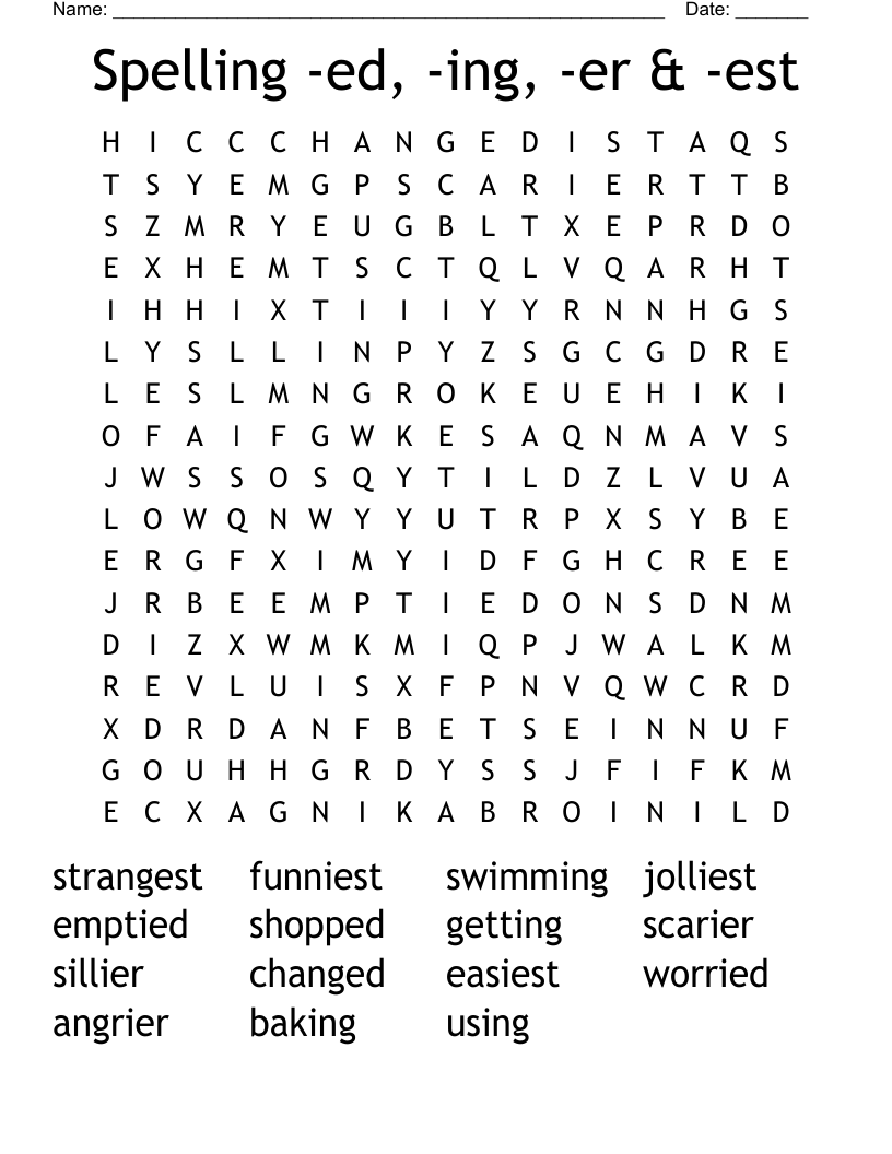 Spelling -ed, -ing, -er & -est Word Search