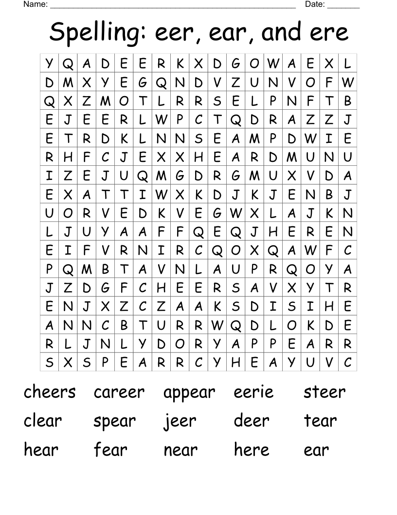 Spelling: eer, ear, and ere Word Search