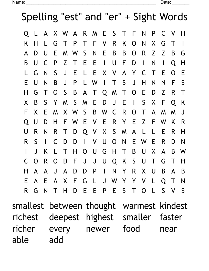 Spelling "est" and "er" + Sight Words Word Search