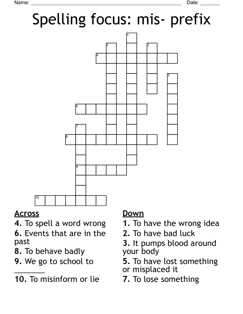 Spelling focus: mis- prefix Crossword