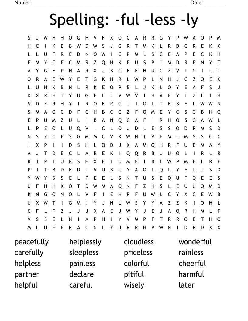 Spelling: -ful -less -ly Word Search