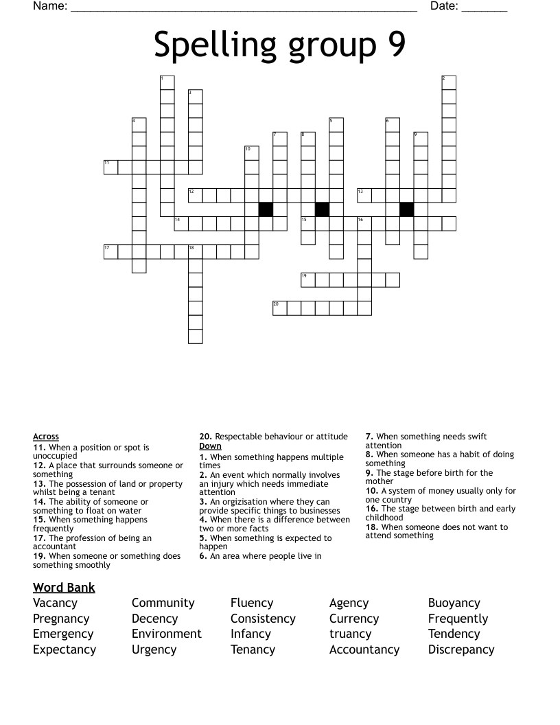Spelling group 9 Crossword
