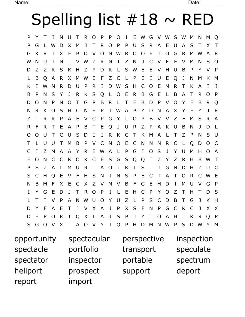 Spelling list #18 ~ RED Word Search
